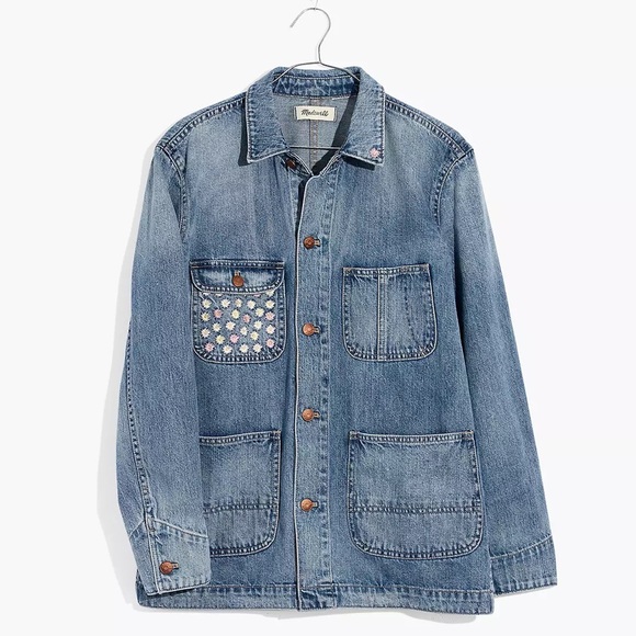 Madewell Floral Embroidered Denim Chore Coat Size Medium - Picture 3 of 5